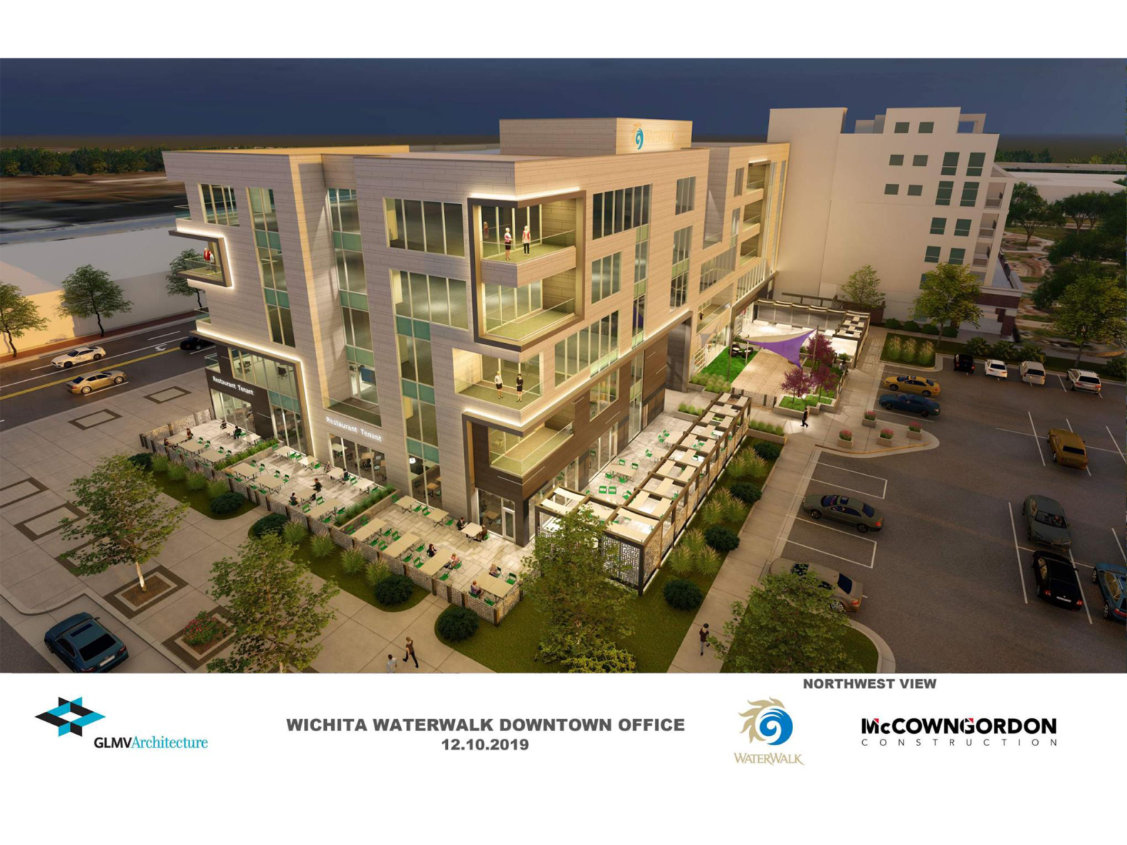 new wichita waterwalk rendering downtown building at night