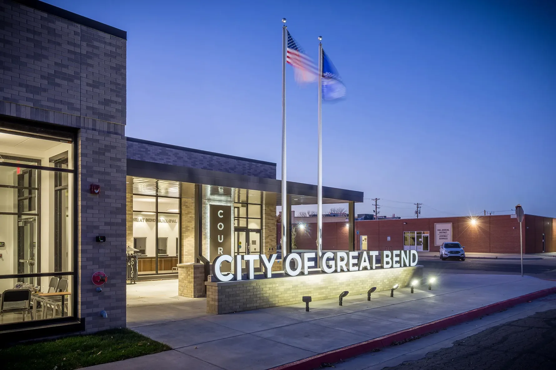 An exterior shot of the Great Bend Justice Center during dusk.