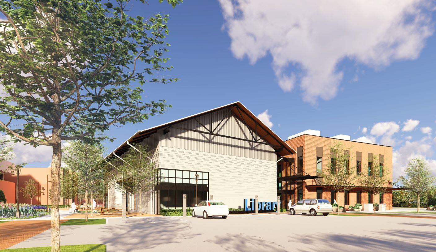 A rendering of the new City of Anna Library and Plaza in Anna, Texas