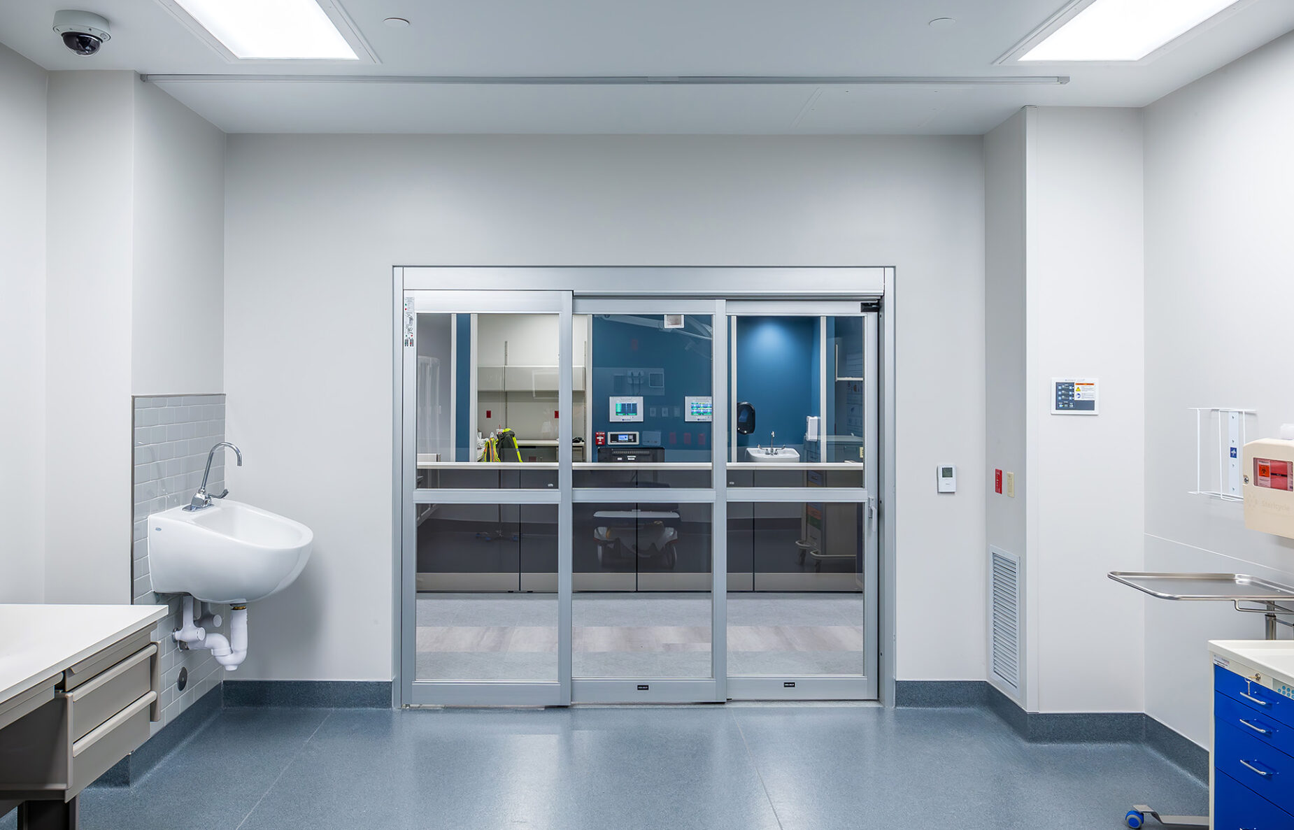 Sliding glass doors from the inside of a patient room at the HCA Wesley Andover ER in Kansas