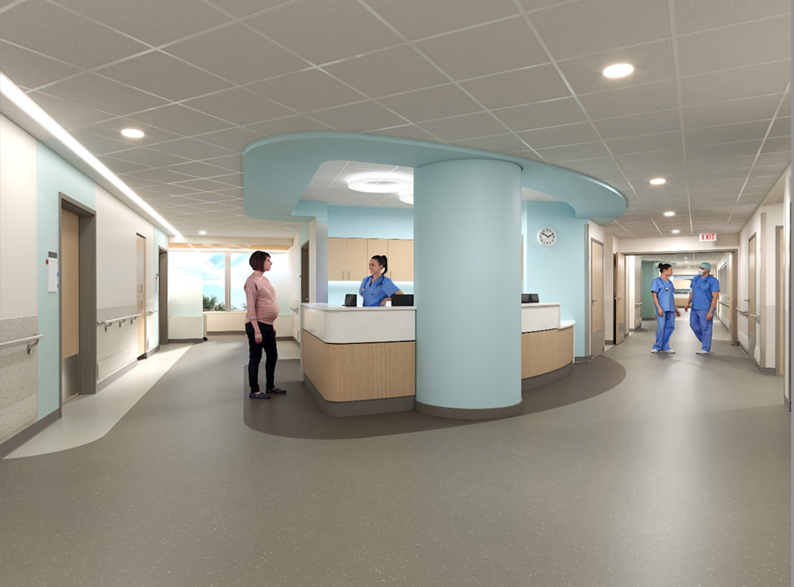 Rendering of a new nurses station in the maternity wing at University of Iowa Hospital.